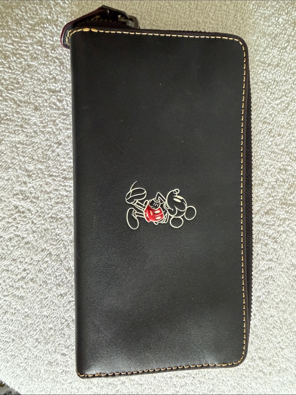 Coach Black Zip-Around Leather Wallet with Red Character Accent